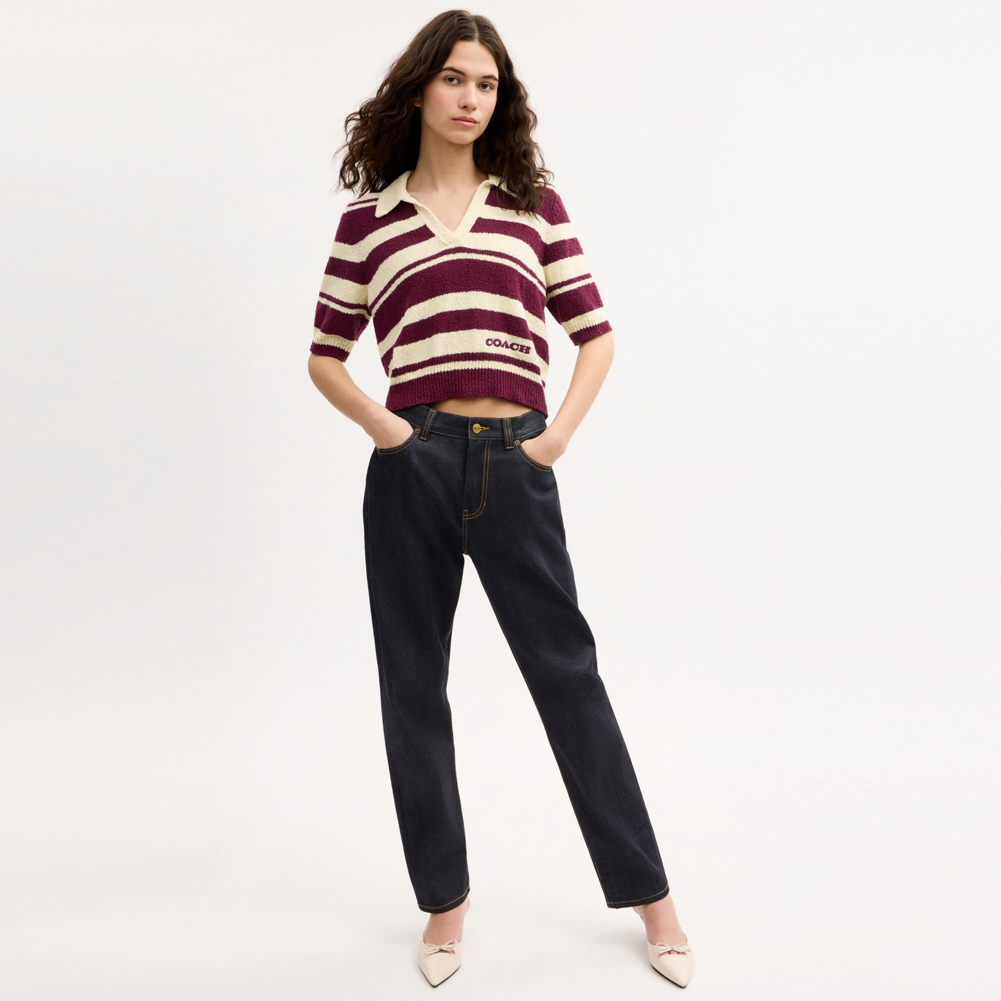 COACH®,Striped Knit Polo,Maroon,Scale View