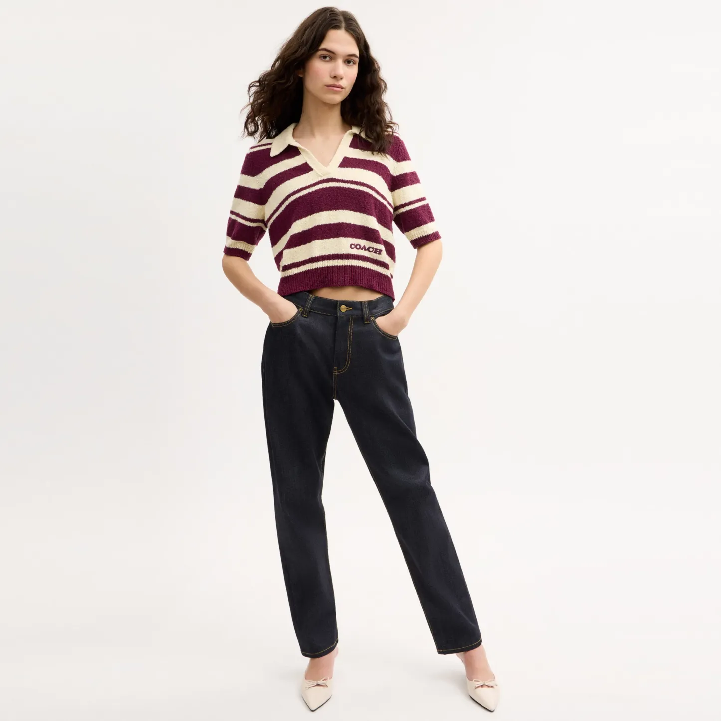 COACH®,Striped Knit Polo,Maroon,Scale View