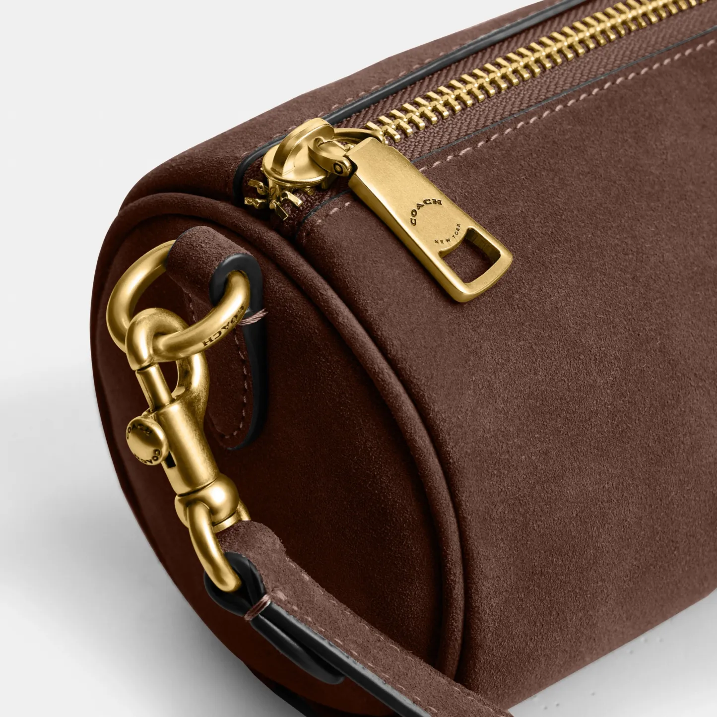 COACH®,Barrel Bag,Calfskin Leather,Suede,Barrel Bag,Pendant,Lined,Adjustable,Brass,Casual,Brown,Closer View