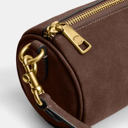 COACH®,Barrel Bag,Calfskin Leather,Suede,Barrel Bag,Pendant,Lined,Adjustable,Brass,Casual,Brown,Closer View