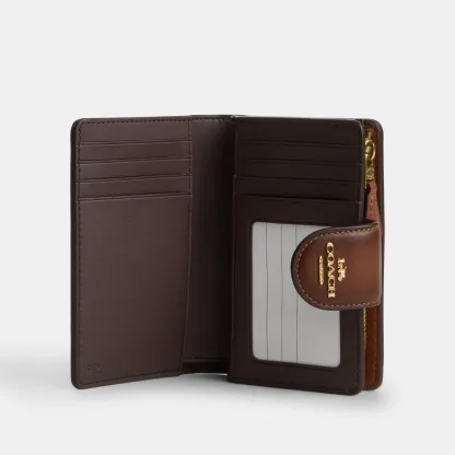 COACH®,Medium Corner Zip Wallet,Leather,Bi Fold,Logo,Metal,Casual,Brown,Inside View,Top View