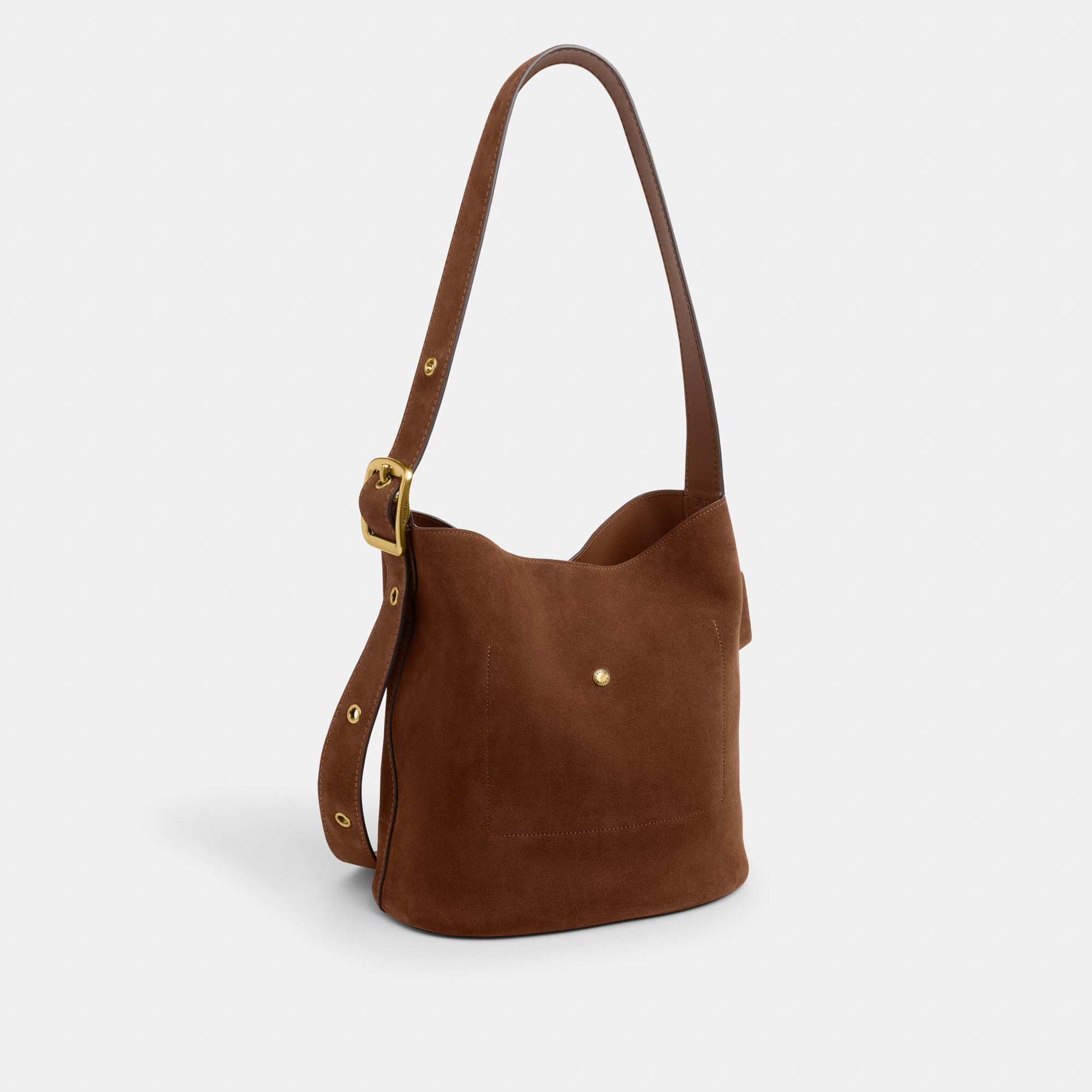 COACH®,Bleecker Bucket Bag,Leather,Suede,Bucket,Hobo,Embellished,Lined,Adjustable,Gold Metal,Casual,Brown,Angle View