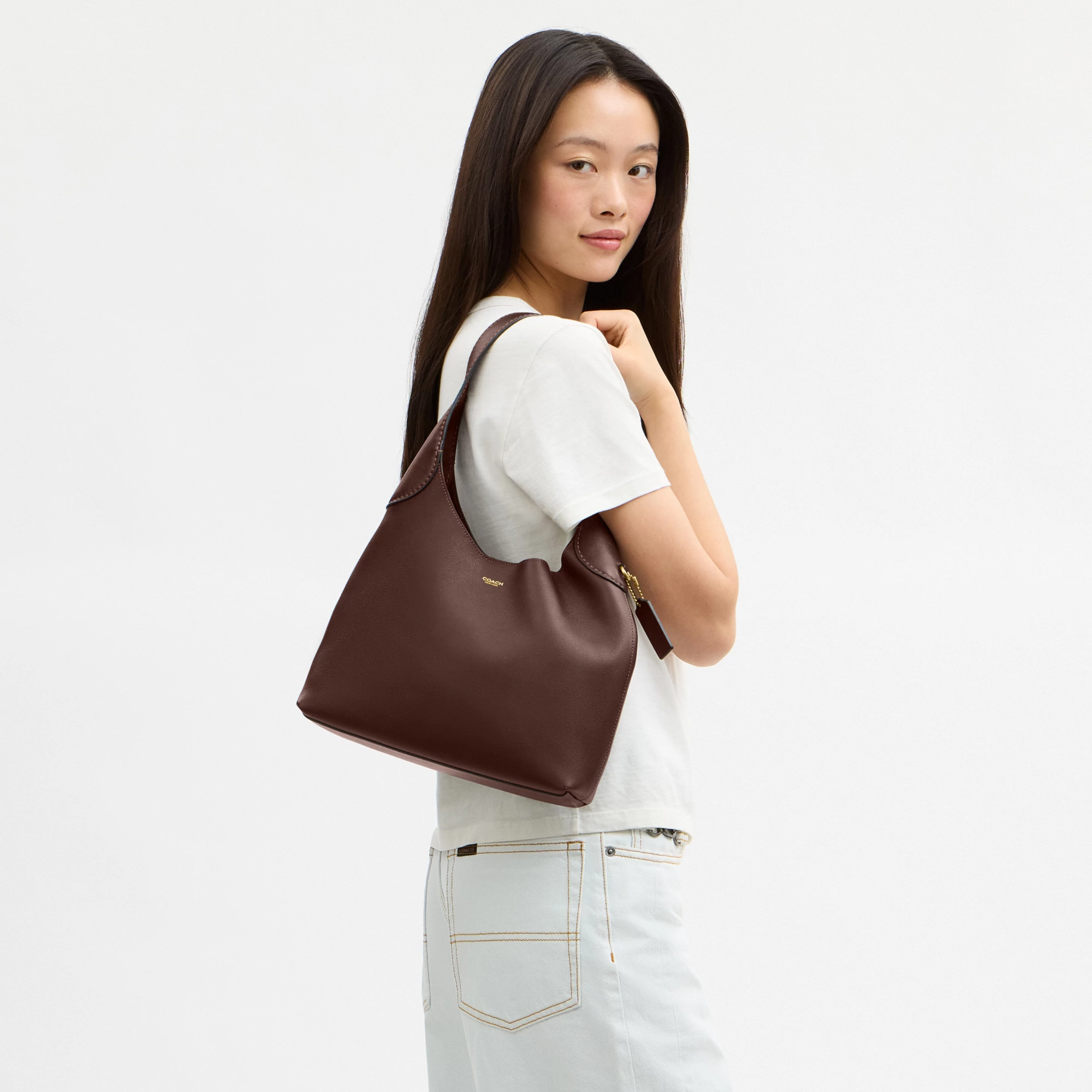 COACH®,Brooklyn Shoulder Bag 28,Leather,Hobo,Engraved Detail,Logo,Casual,Brown,Detail View