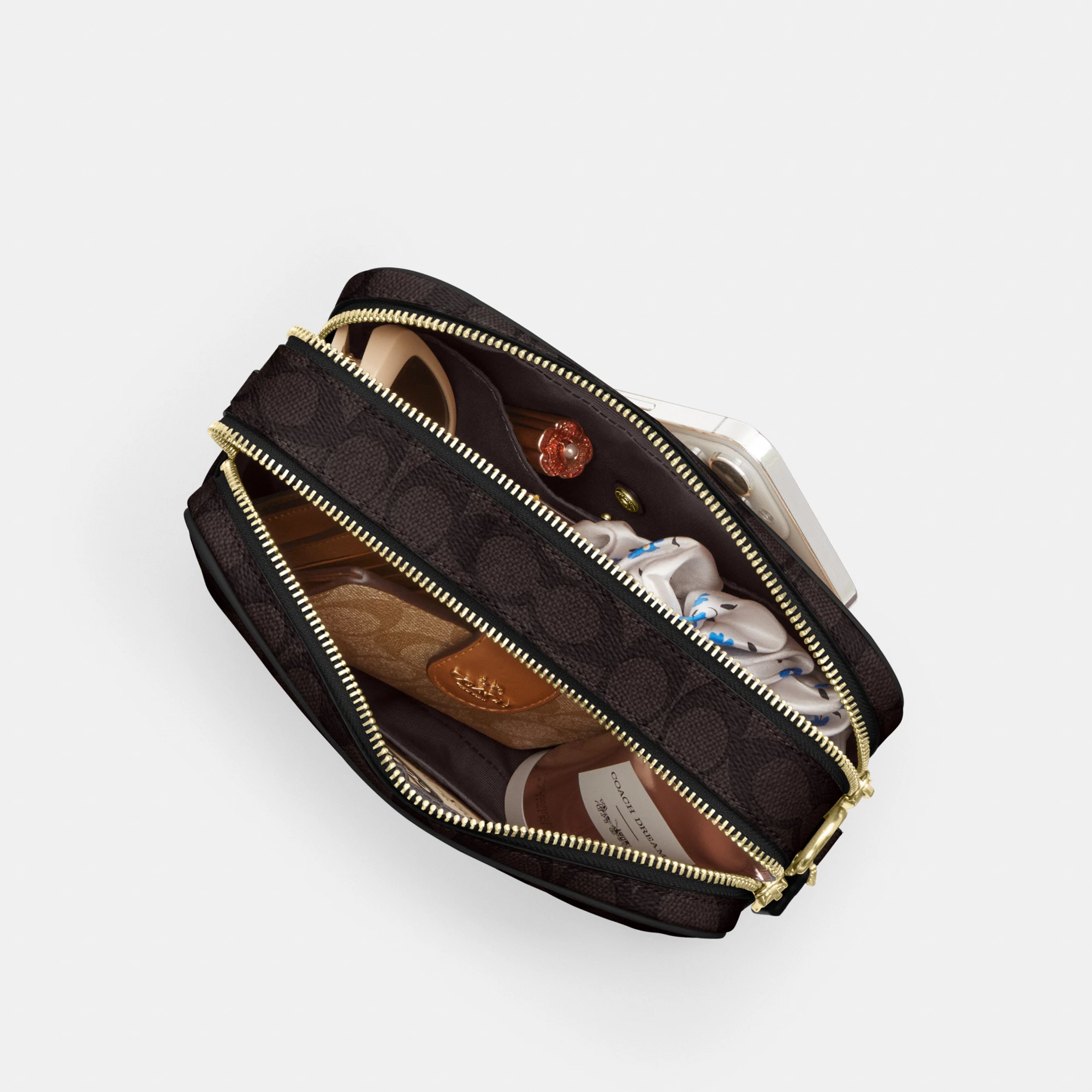 COACH®,Carey Crossbody Bag In Signature Canvas,Leather,Canvas,Recycled Polyester,Camera Bag,Metal,Logo,Sustainable,Gold Pl...,Brown,Inside View,Top View