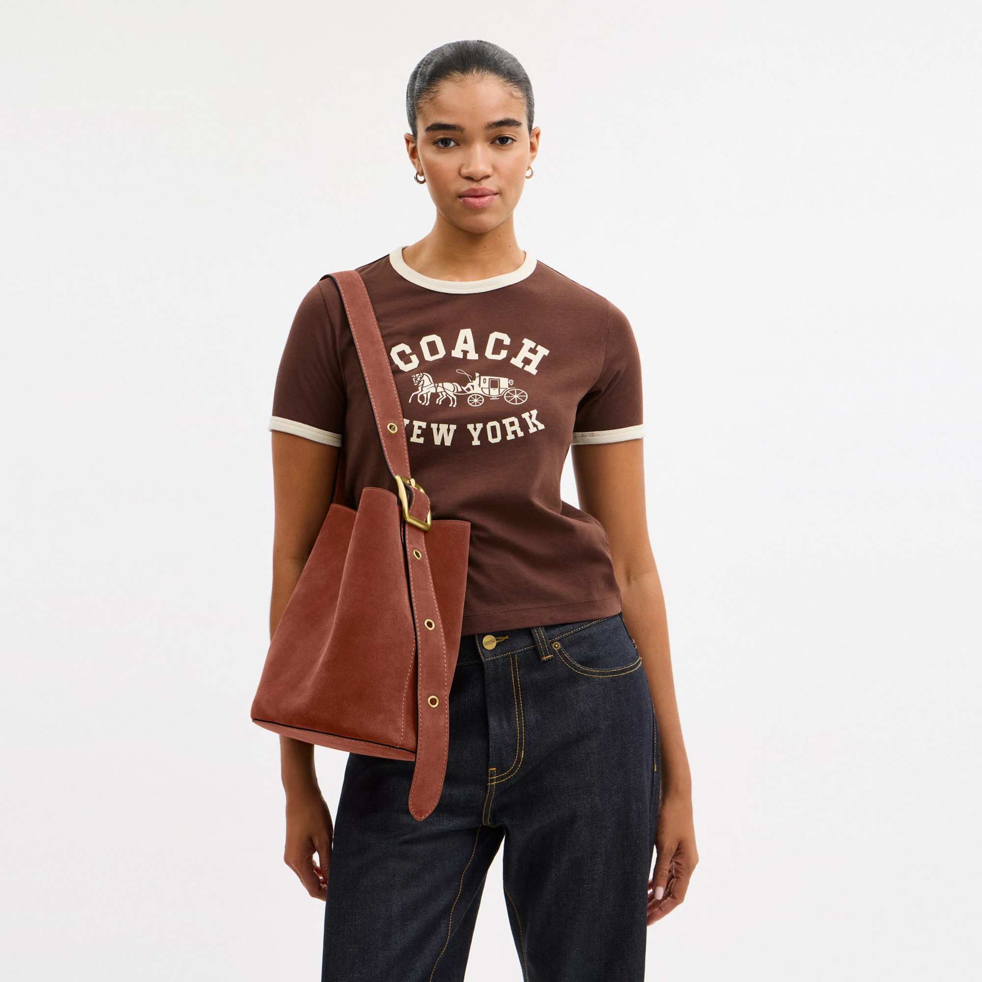 COACH®,Bleecker Bucket Bag,Leather,Suede,Bucket,Hobo,Embellished,Lined,Adjustable,Gold Metal,Casual,Brown,Detail View