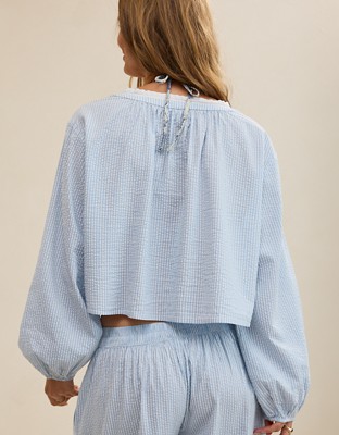 Aerie Seersucker Long Sleeve Volume Tie Top - Monaco Blue