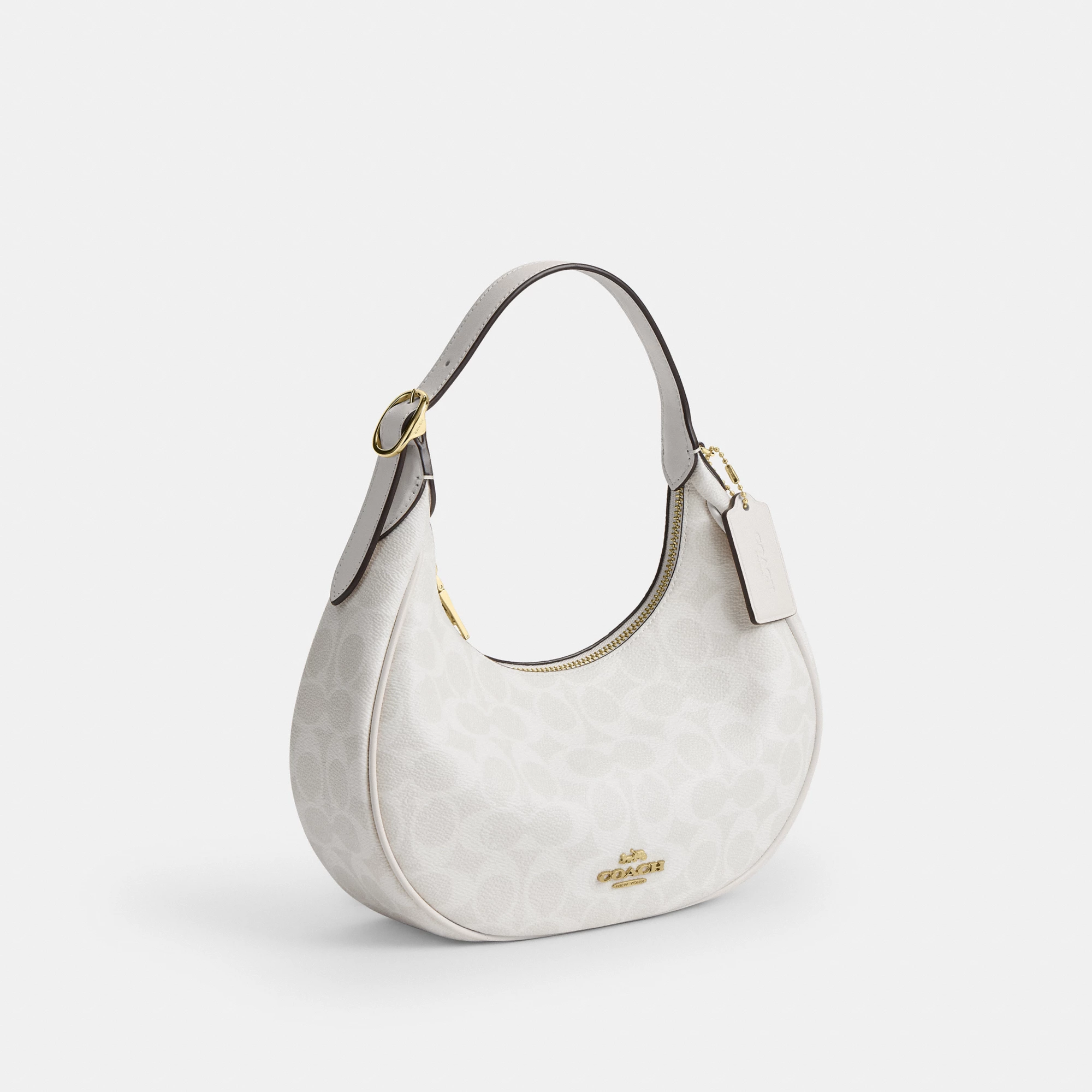 COACH®,Emily Shoulder Bag In Signature Canvas,Leather,Recycled Polyester,Canvas,Shoulder Bag,Metal,Pendant,Piping,Logo,Sus...,White,Angle View