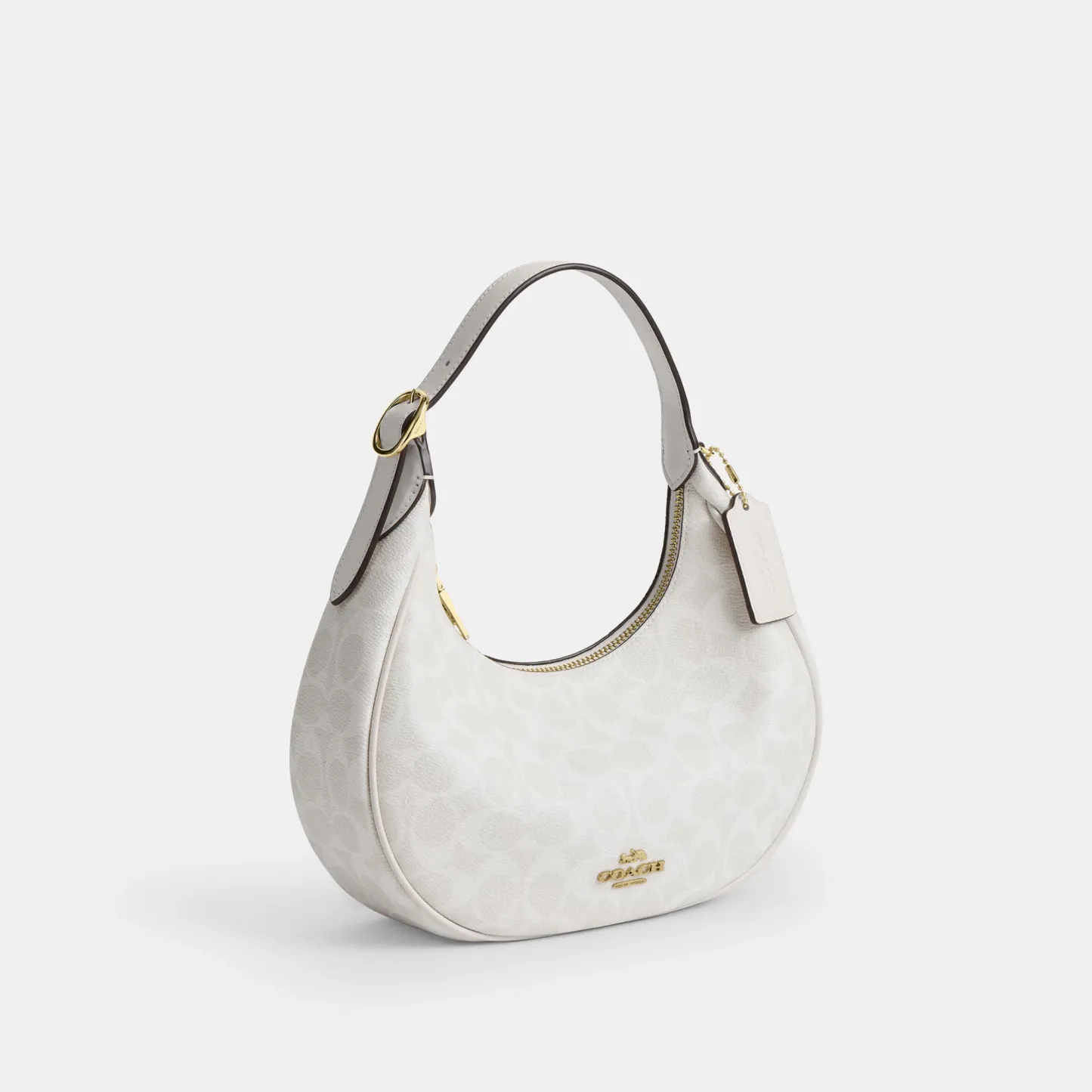 COACH®,Emily Shoulder Bag In Signature Canvas,Leather,Recycled Polyester,Canvas,Shoulder Bag,Metal,Pendant,Piping,Logo,Sus...,White,Angle View