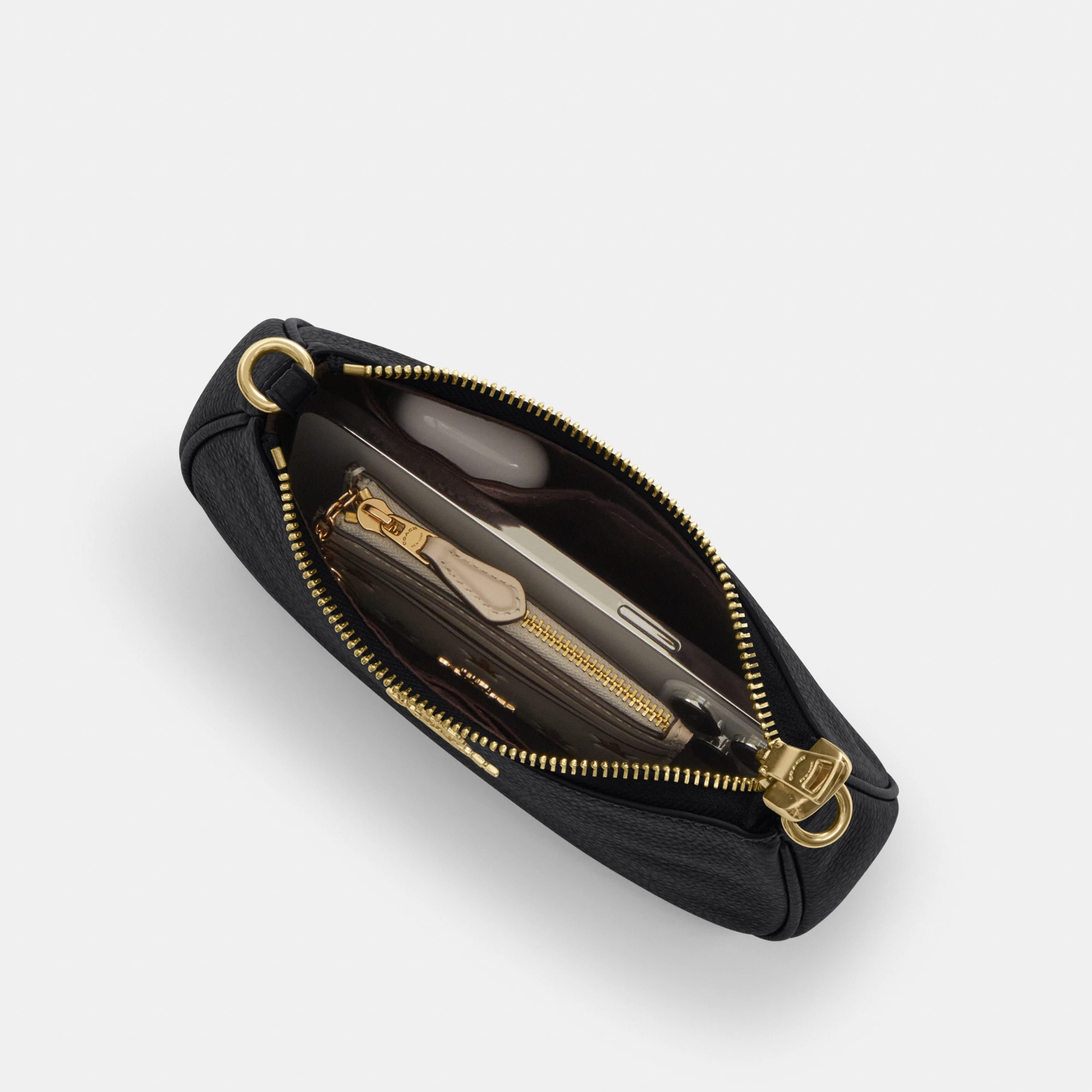 COACH®,Teri Mini Crossbody Bag,Leather,Recycled Polyester,Crossbody,Logo,Adjustable,Compact,Gold Metal,Casual,Black,Inside View,Top View