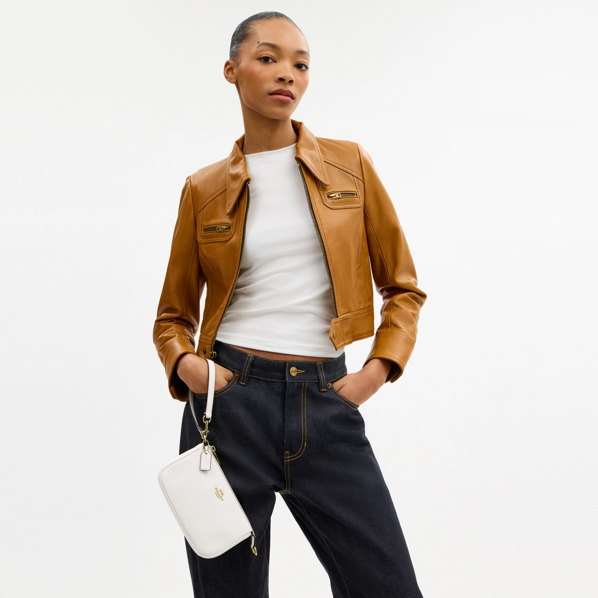 COACH®,Nolita 19,Leather,Pouch,Wristlet,Metal,Logo,Gold Metal,Casual,White,Detail View
