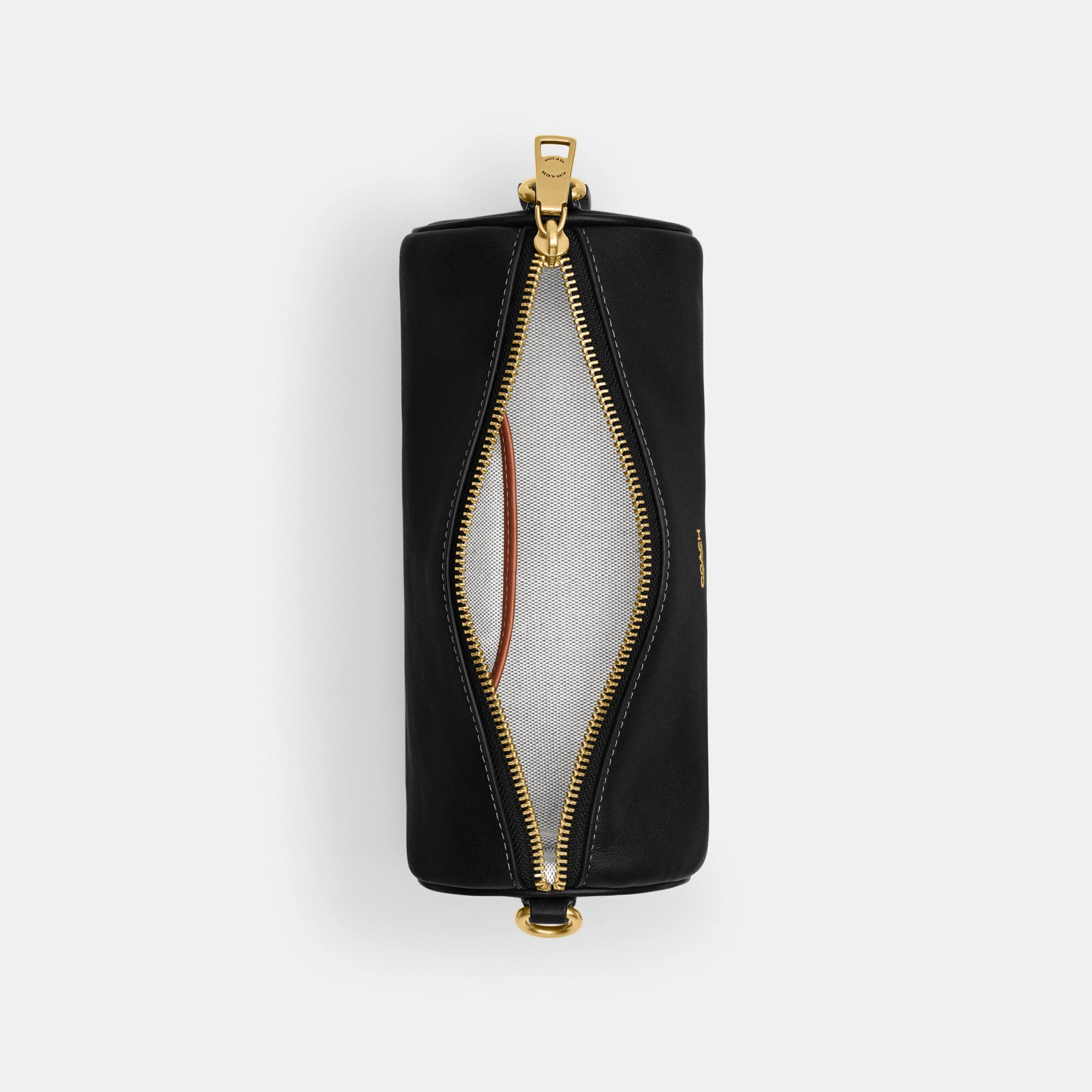 COACH®,Barrel Bag,Cotton,Leather,Barrel Bag,Pendant,Sustainable,Lined,Gold Metal,Day Party,Black,Inside View,Top View