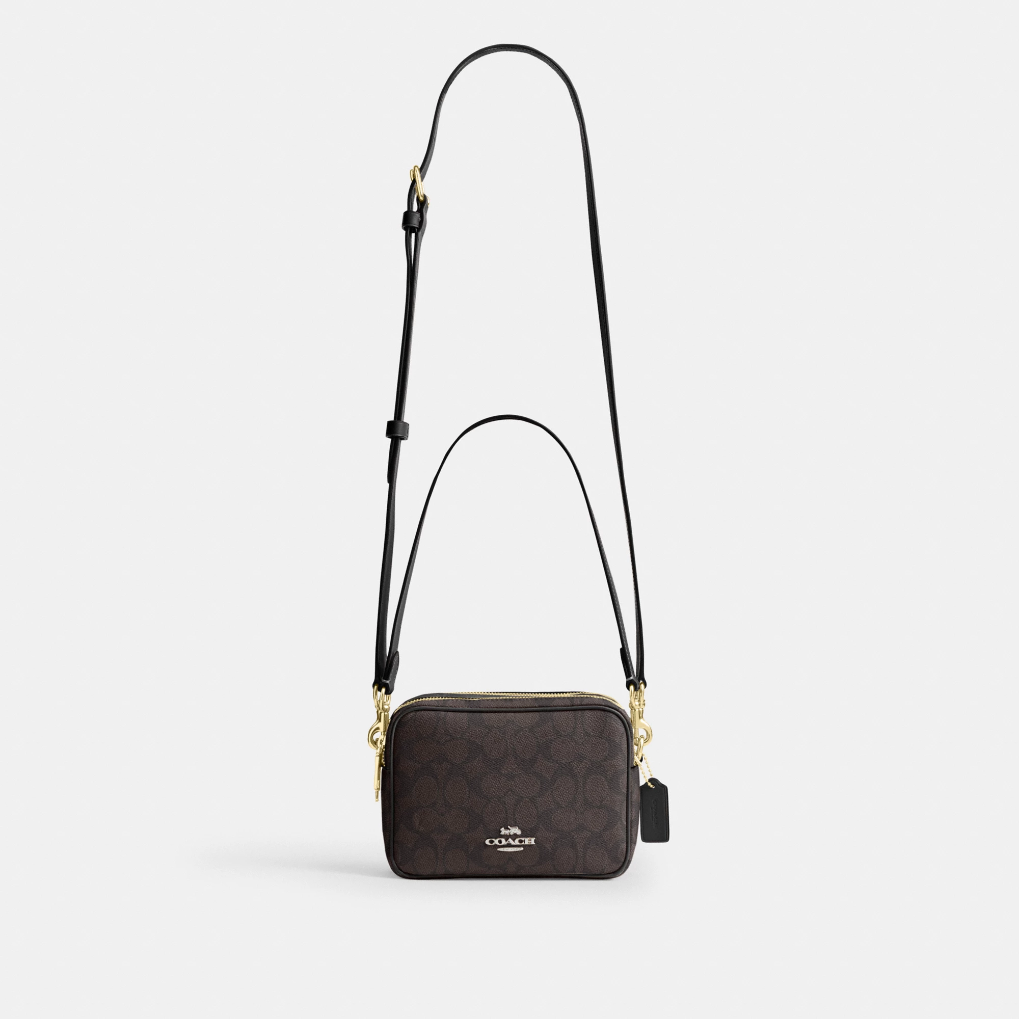 COACH®,Mini Carey Crossbody Bag In Signature Canvas,Polyester,Leather,Canvas,Crossbody,Metal Material,Logo,Metal,Piping,Pe...,Brown