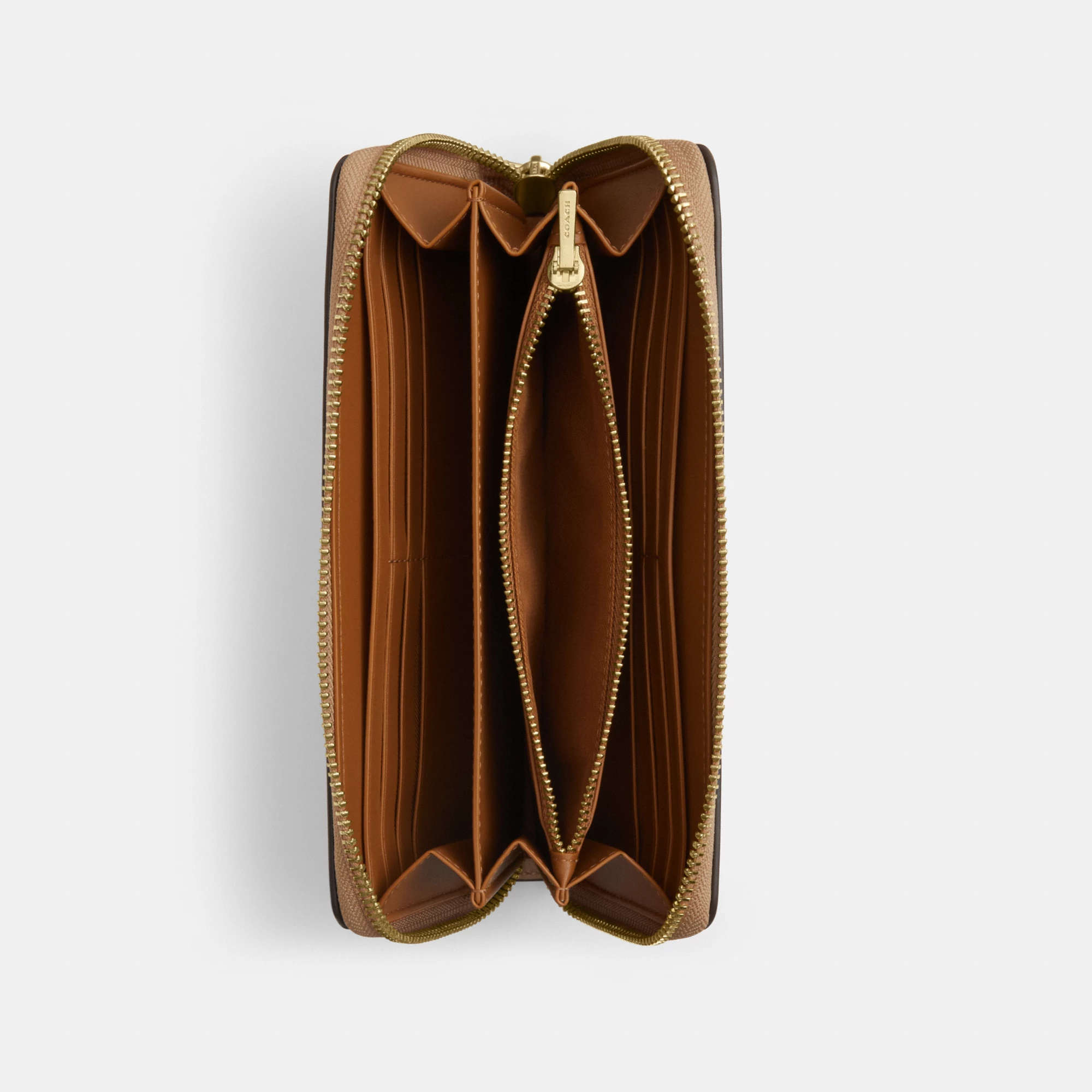 COACH®,Long Zip Around Wallet,Leather,Wristlet,Continental,Logo,Metal,Casual,Brown,Inside View,Top View