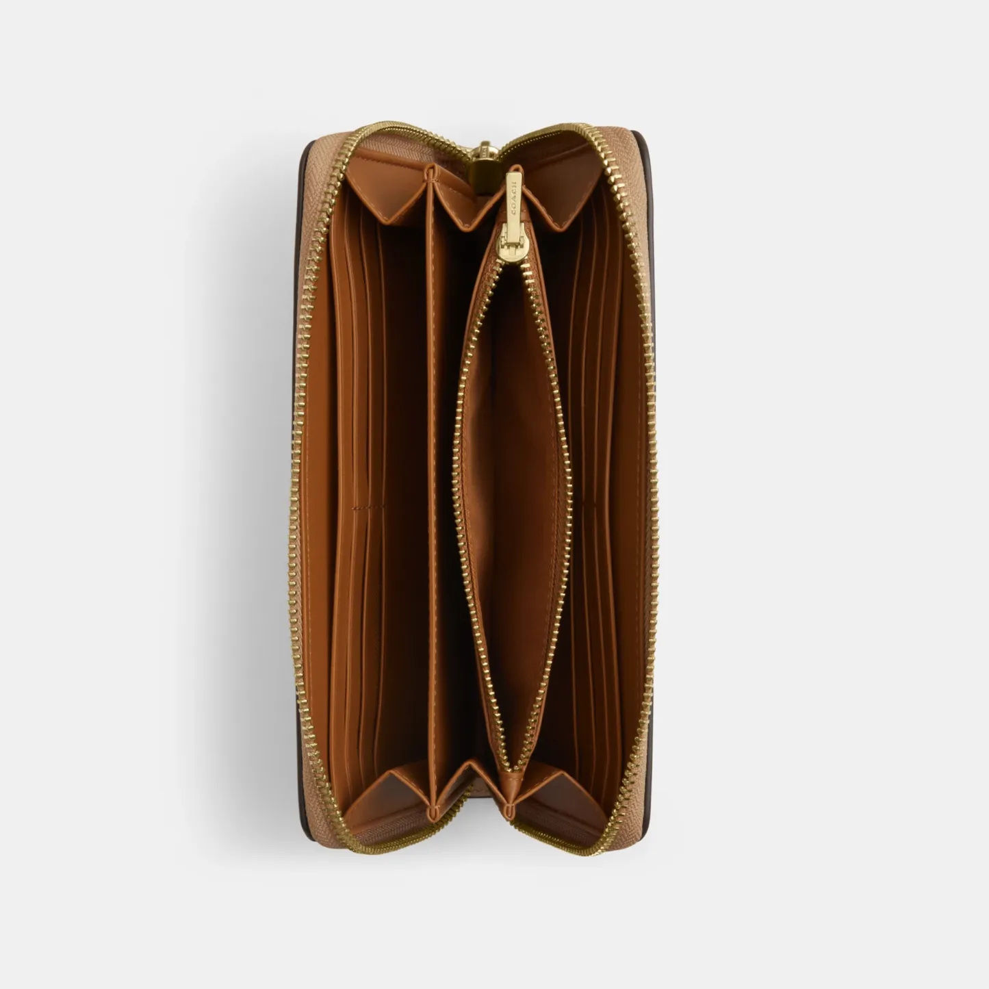 COACH®,Long Zip Around Wallet,Leather,Wristlet,Continental,Logo,Metal,Casual,Brown,Inside View,Top View