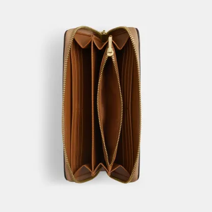 COACH®,Long Zip Around Wallet,Leather,Wristlet,Continental,Logo,Metal,Casual,Brown,Inside View,Top View