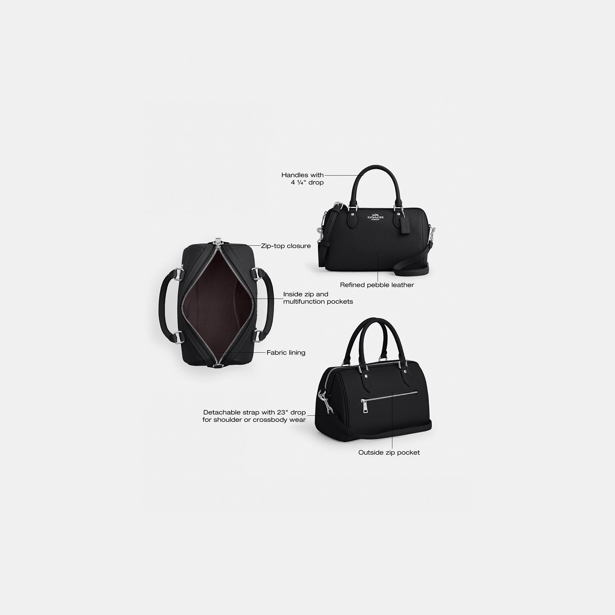 COACH®,Rowan Satchel Bag,Satchel,Logo,Casual,Work,Black