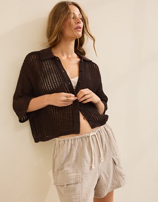 Aerie Short Sleeve Polo Sweater - Deep Earth