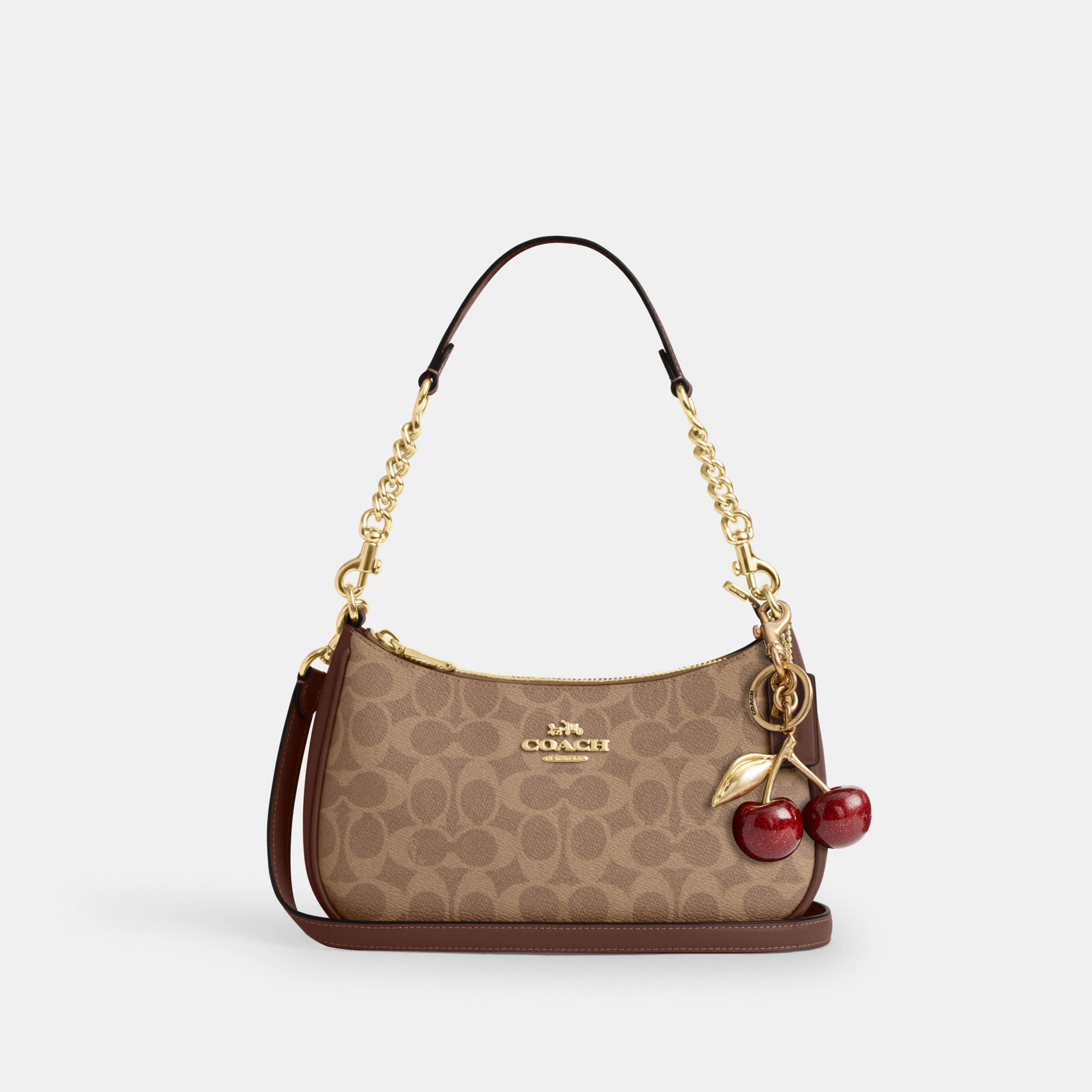 COACH®,Teri Shoulder Bag In Signature Canvas,Shoulder Bag,Logo,Tag Embellishment,Embossed,Metal,Casual,Brown,Angle View
