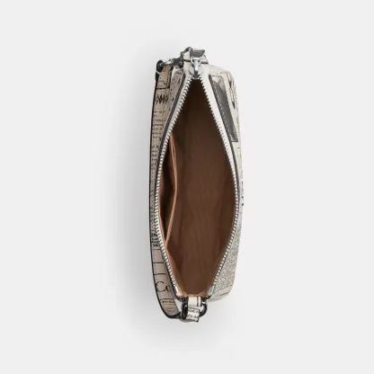 COACH®,Nolita 19 With Newspaper Print,Leather,Shoulder Bag,Metal,Silver Metal,Casual,Cream,Inside View,Top View