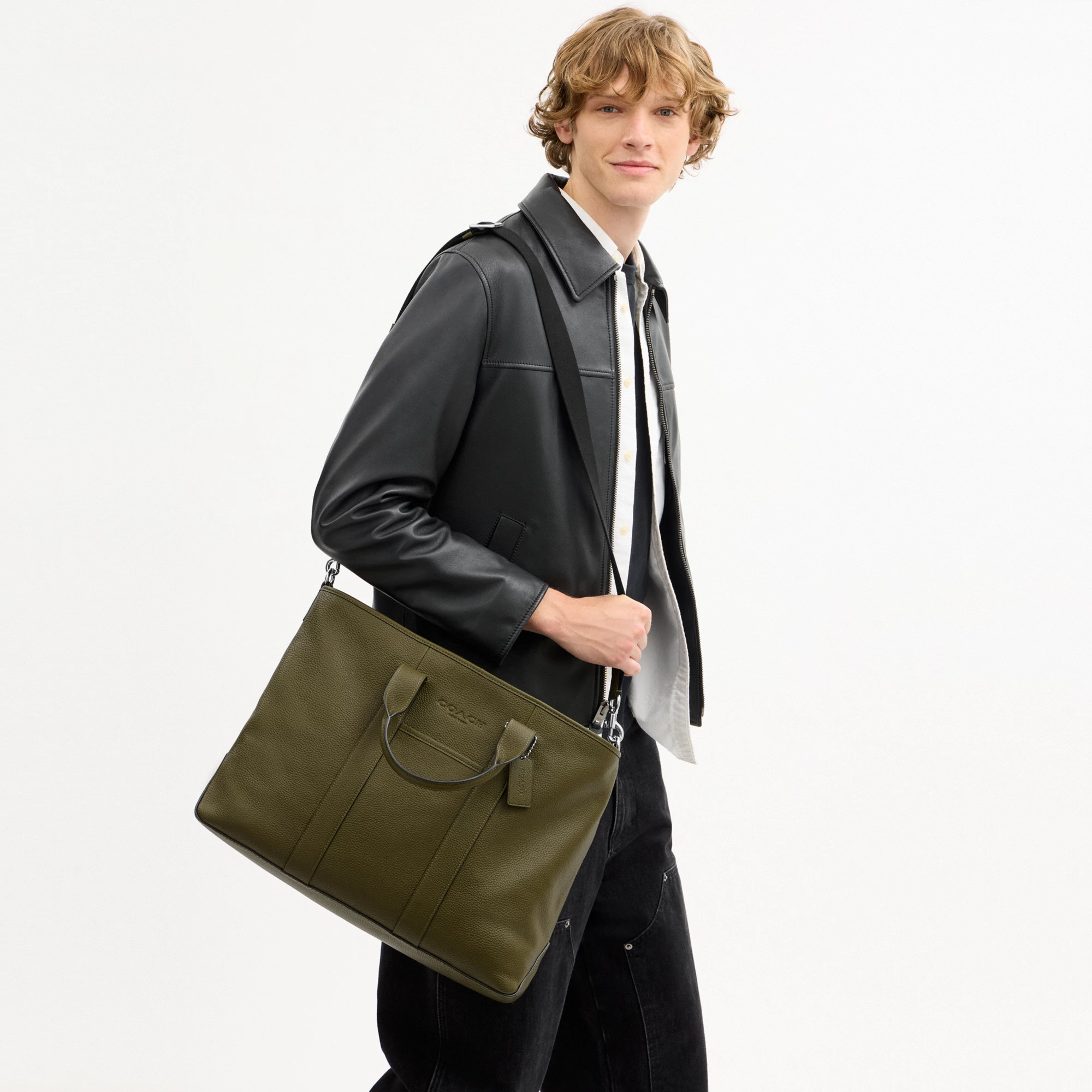 COACH®,Grayson Tote Bag,Leather,Recycled Polyester,Tote,Sustainable,Silver Metal,Work, Father's Day,Olive,Detail View