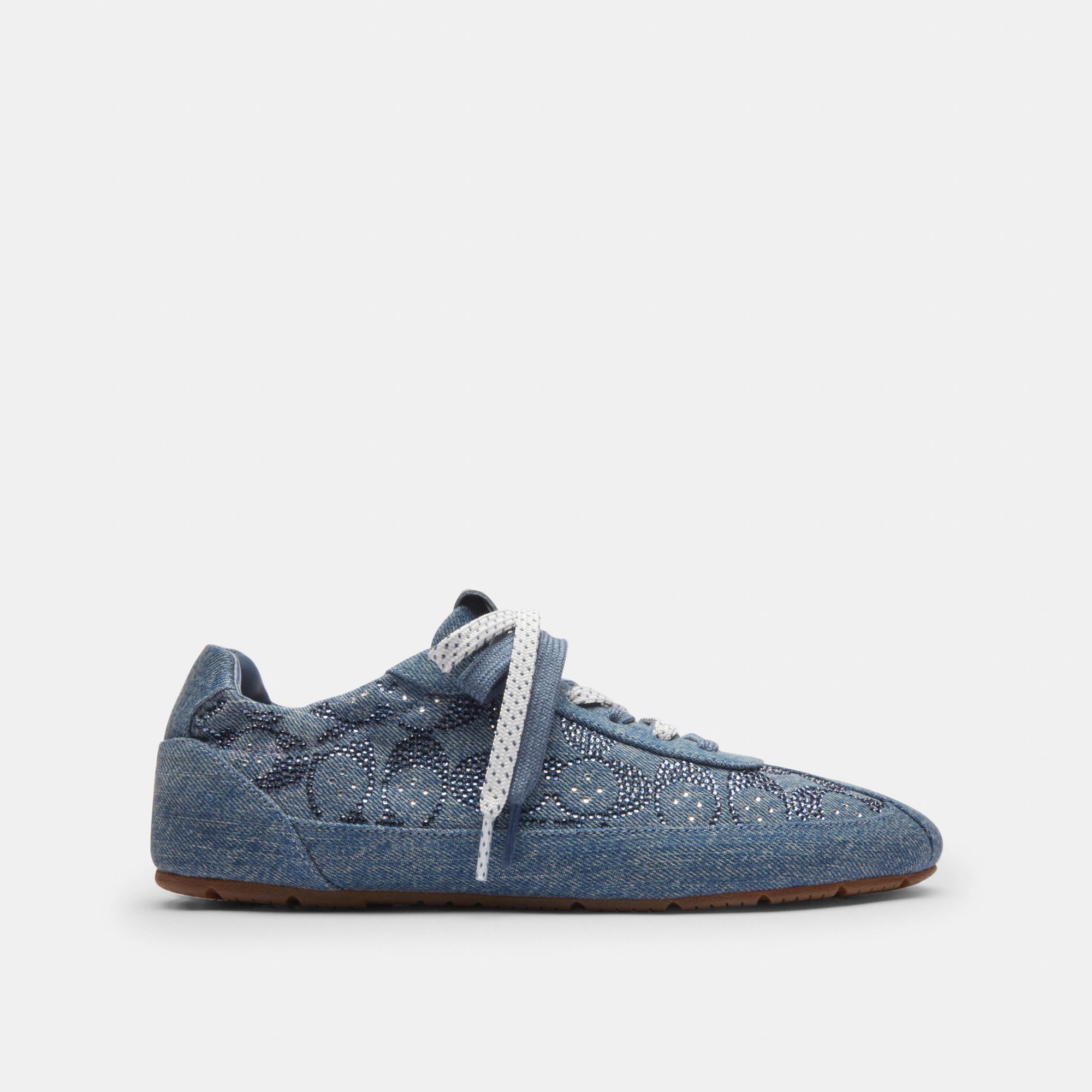 COACH®,Soft Sneaker In Signature Denim,Rubber,Denim,Recycled Polyester,Polyester,Activewear,Fabric,Logo,Cushioned Outsole,...,Blue,Angle View