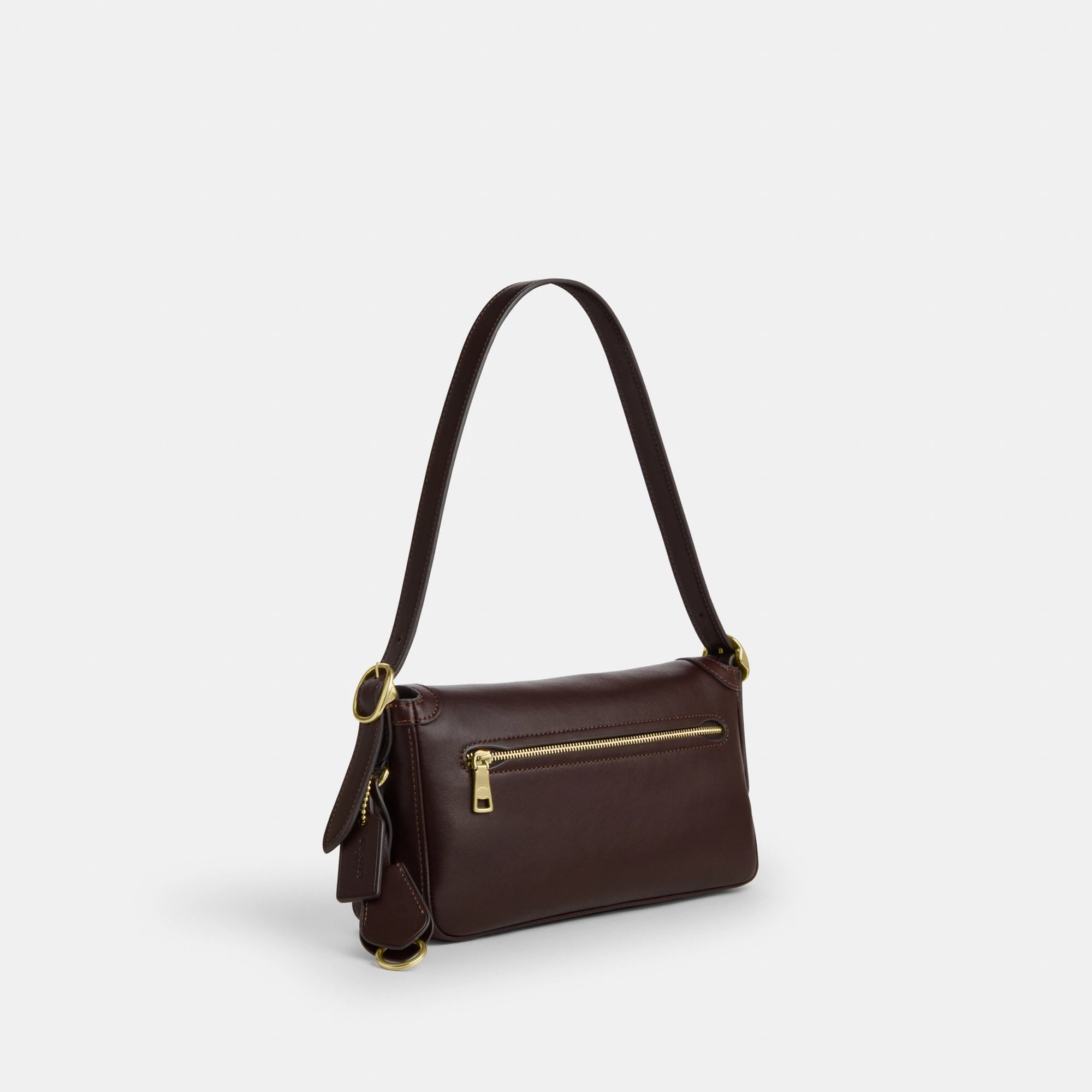 COACH®,Etta Small Flap Shoulder Bag,Leather,Fabric,Shoulder Bag,Metal,Logo,Adjustable,Compact,Lined,Gold Metal,Casual,Brown,Angle View
