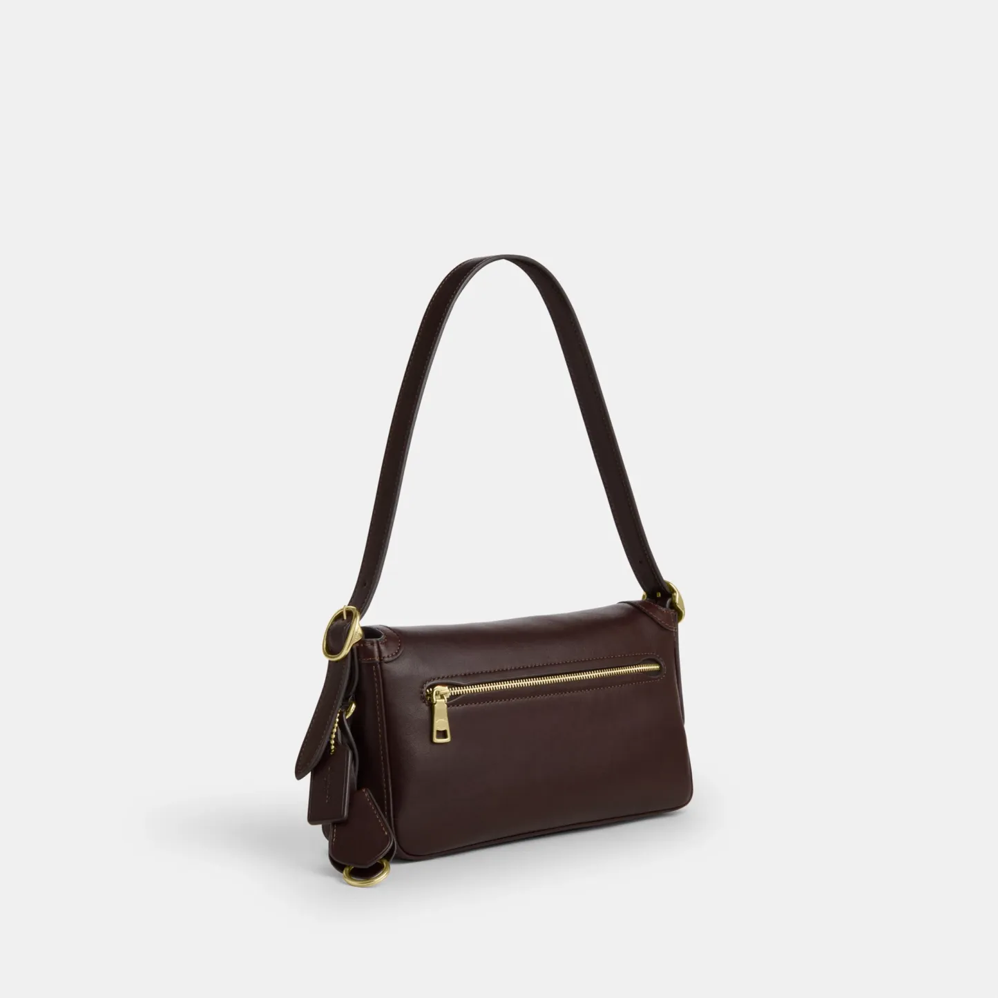 COACH®,Etta Small Flap Shoulder Bag,Leather,Fabric,Shoulder Bag,Metal,Logo,Adjustable,Compact,Lined,Gold Metal,Casual,Brown,Angle View