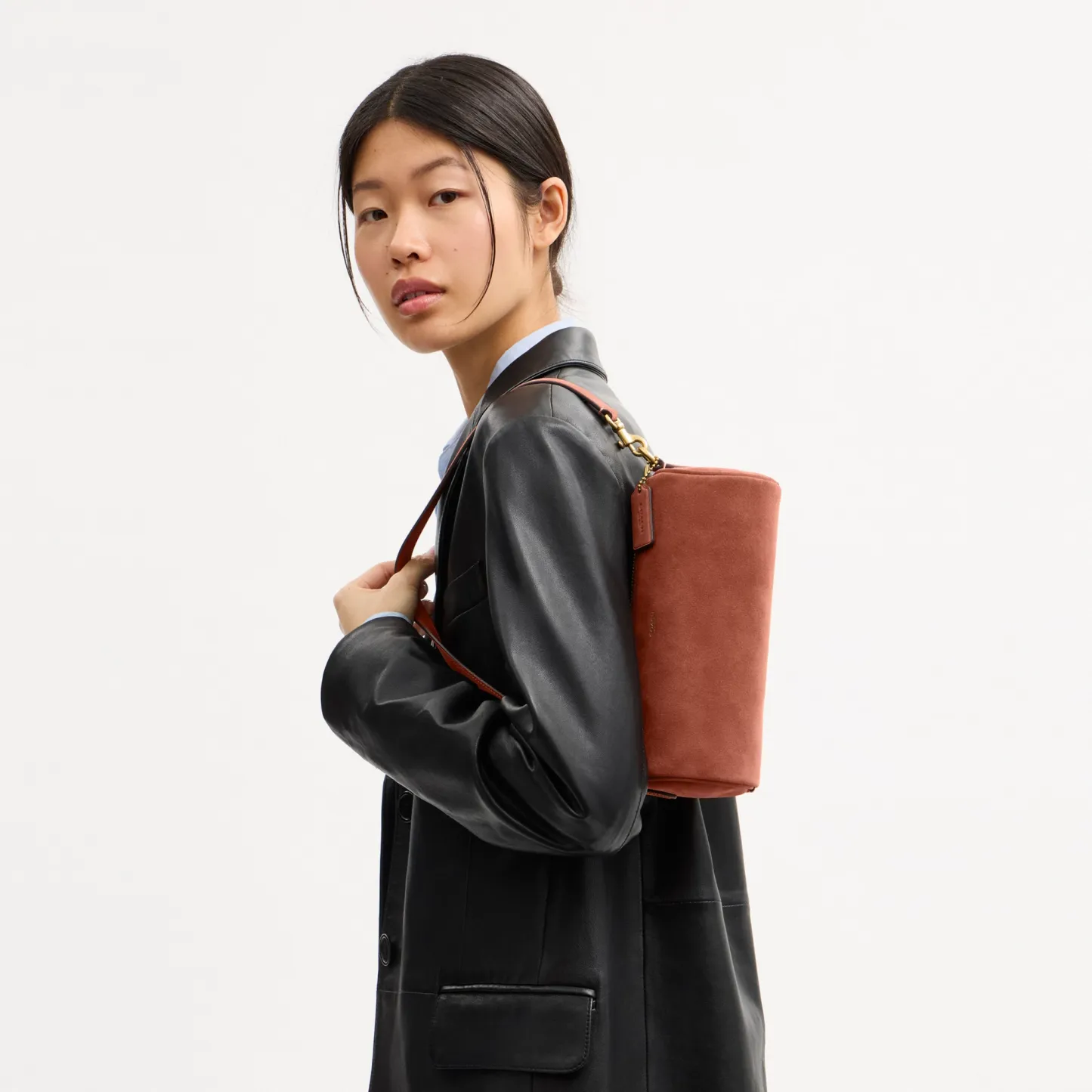COACH®,Barrel Bag,Calfskin Leather,Suede,Barrel Bag,Pendant,Lined,Adjustable,Brass,Casual,Brown,Detail View