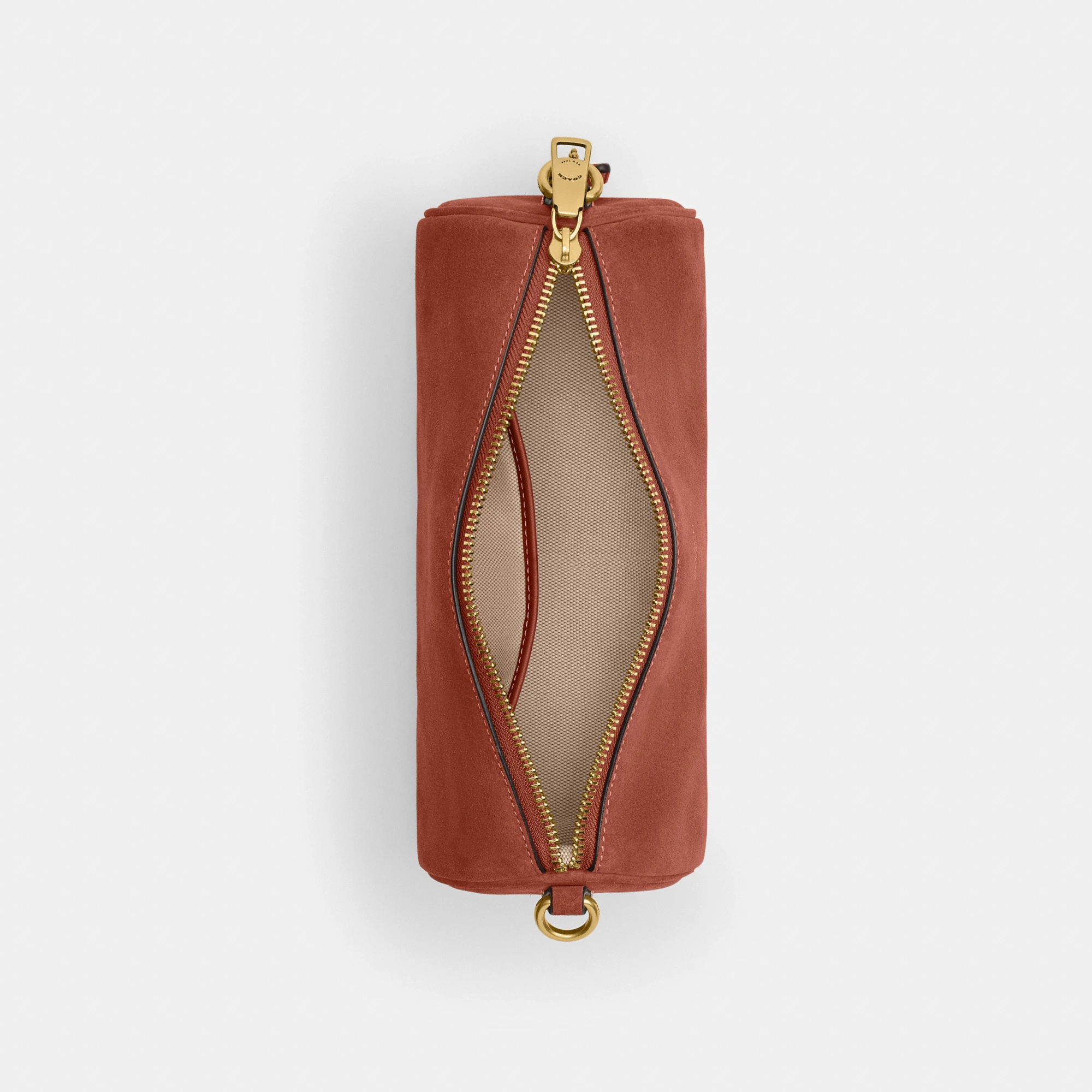 COACH®,Barrel Bag,Calfskin Leather,Suede,Barrel Bag,Pendant,Lined,Adjustable,Brass,Casual,Brown,Inside View,Top View