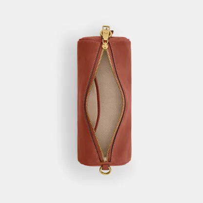COACH®,Barrel Bag,Calfskin Leather,Suede,Barrel Bag,Pendant,Lined,Adjustable,Brass,Casual,Brown,Inside View,Top View
