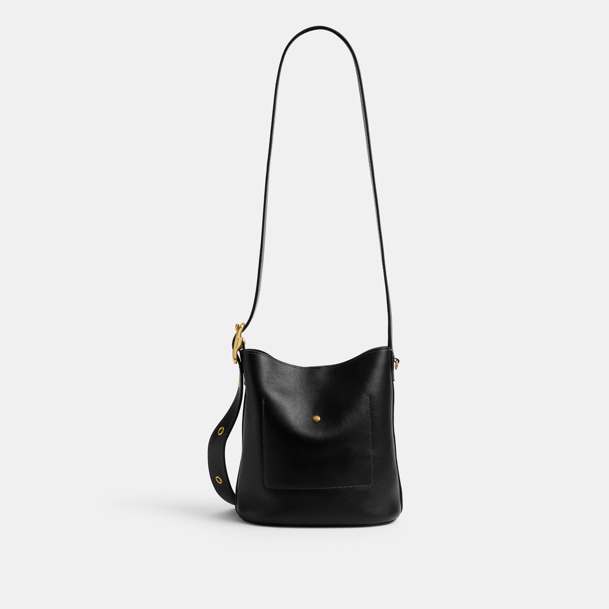 COACH®,Bleecker Bucket Bag 21,Leather,Bucket,Adjustable,Compact,Removable Pouch,Gold Metal,Casual,Black,Back View
