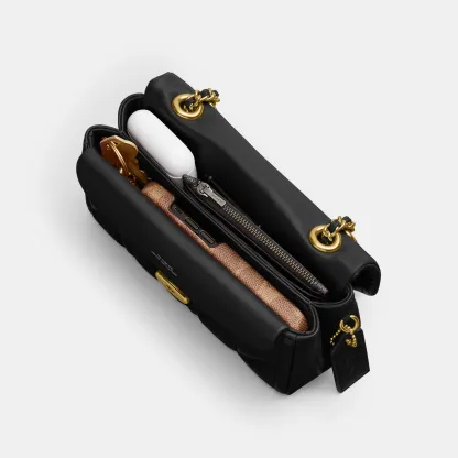 COACH®,Tabby Shoulder Bag 20 With Pillow Quilting,Leather,Shoulder Bag,Chain Detail,Embossed,Logo,Metal,Gold Metal,Day Party,Black,Inside View,Top View