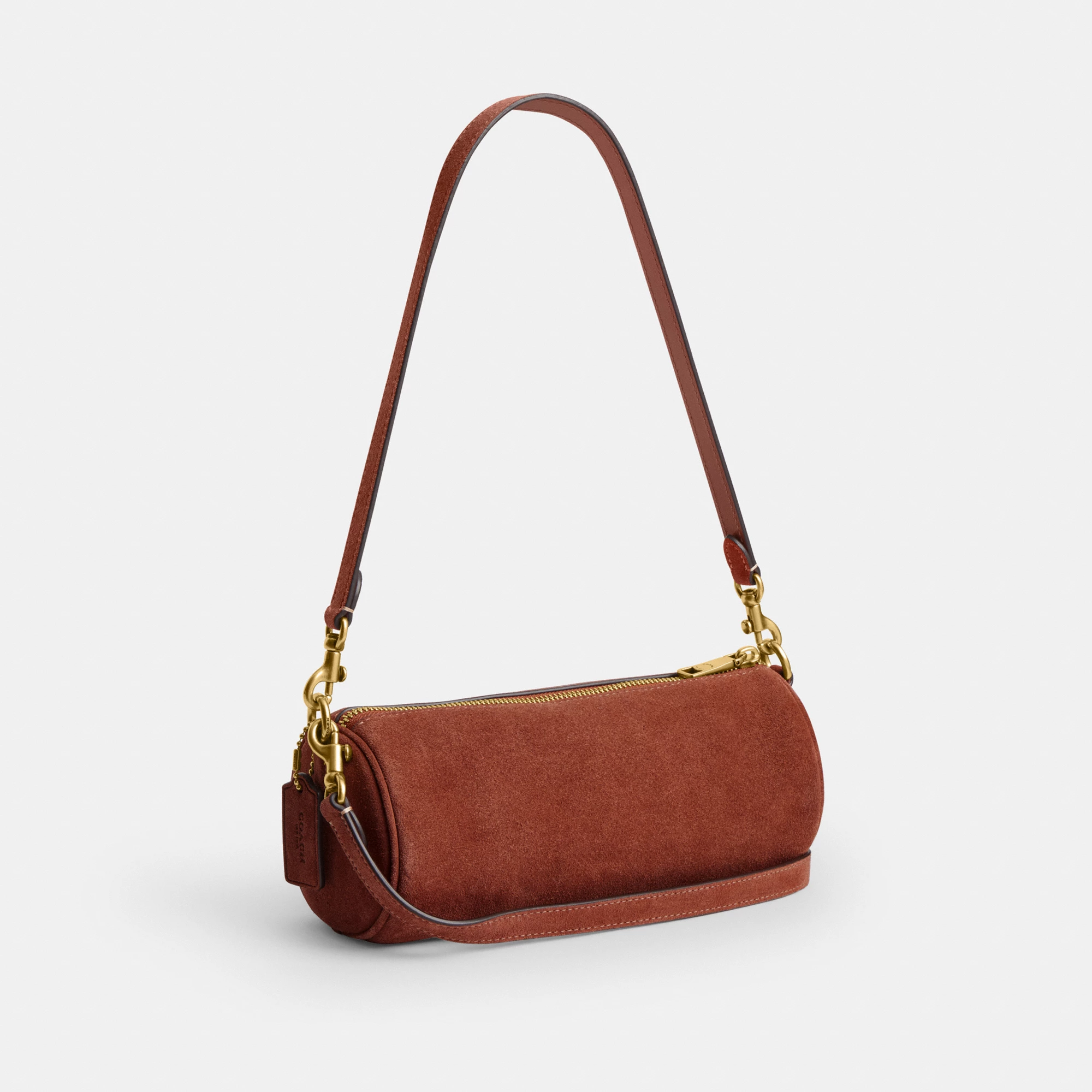 COACH®,Barrel Bag,Calfskin Leather,Suede,Barrel Bag,Pendant,Lined,Adjustable,Brass,Casual,Brown,Angle View