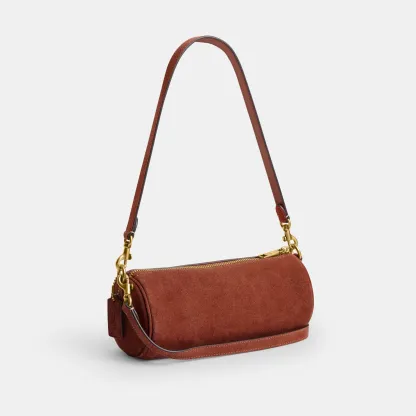COACH®,Barrel Bag,Calfskin Leather,Suede,Barrel Bag,Pendant,Lined,Adjustable,Brass,Casual,Brown,Angle View