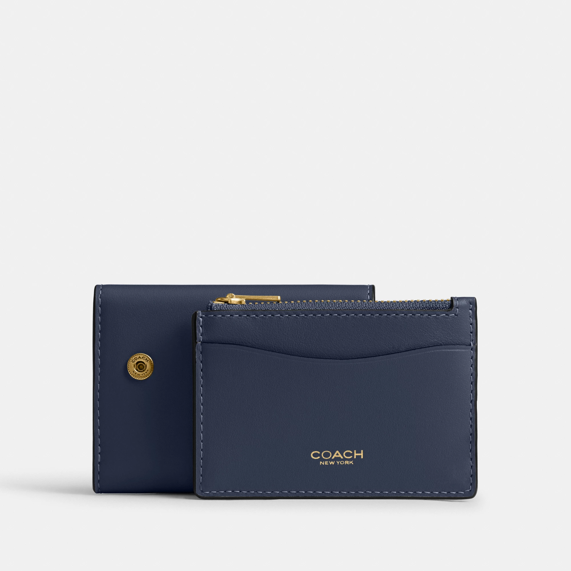 COACH®,Essential Card Holder Wallet,Leather,Calfskin Leather,Card Case,Bi Fold,Logo,Metal,Casual,Navy,Angle View