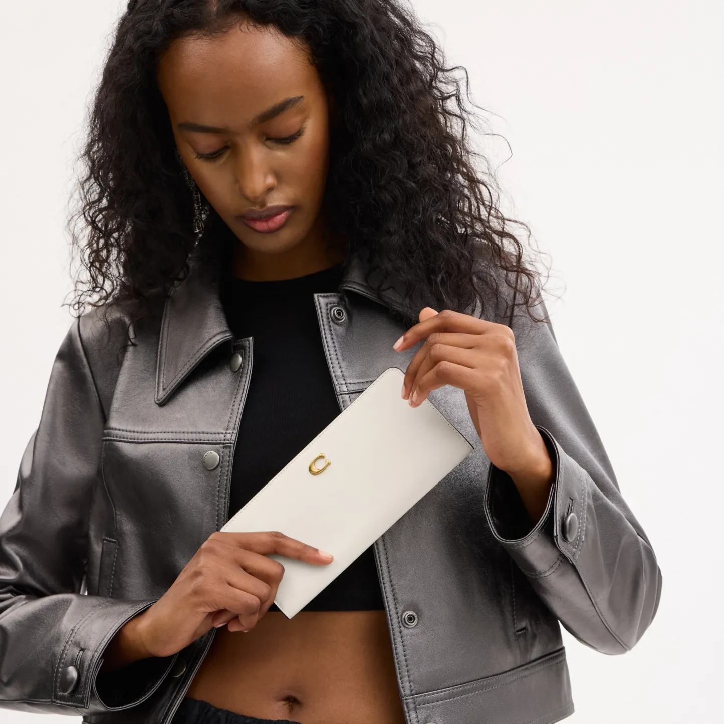 COACH®,Essential Slim Wallet,Leather,Continental,Bi Fold,Logo,Metal,Casual,White,Detail View