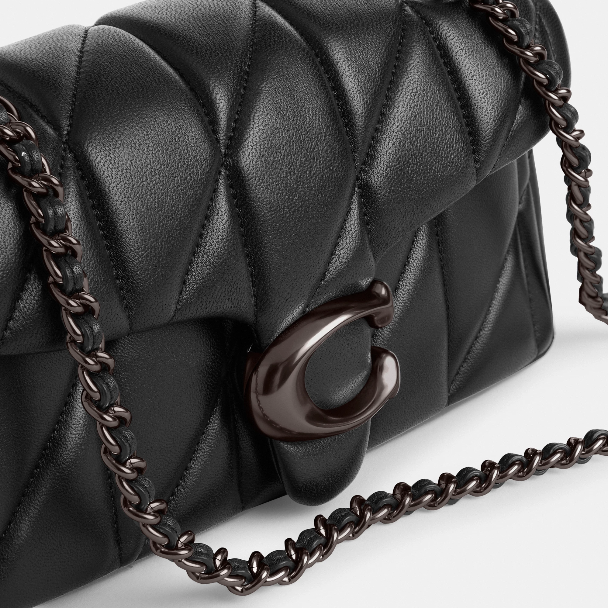 COACH®,Tabby Shoulder Bag 20 With Pillow Quilting,Leather,Shoulder Bag,Chain Detail,Embossed,Logo,Metal,Gold Metal,Day Party,Black,Closer View