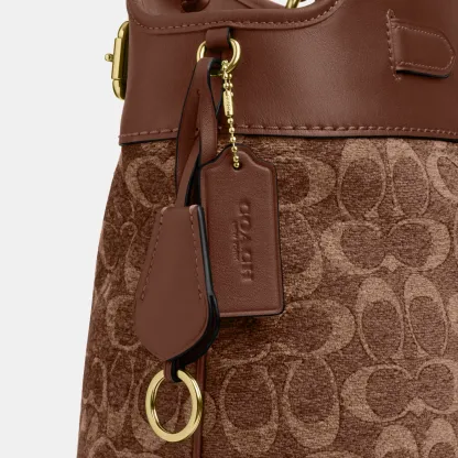 COACH®,Easton Tote Bag In Signature Chenille,Leather,Tote,Logo,Color Block,Lined,Stain Resistant,Gold Metal,Work,Brown,Closer View