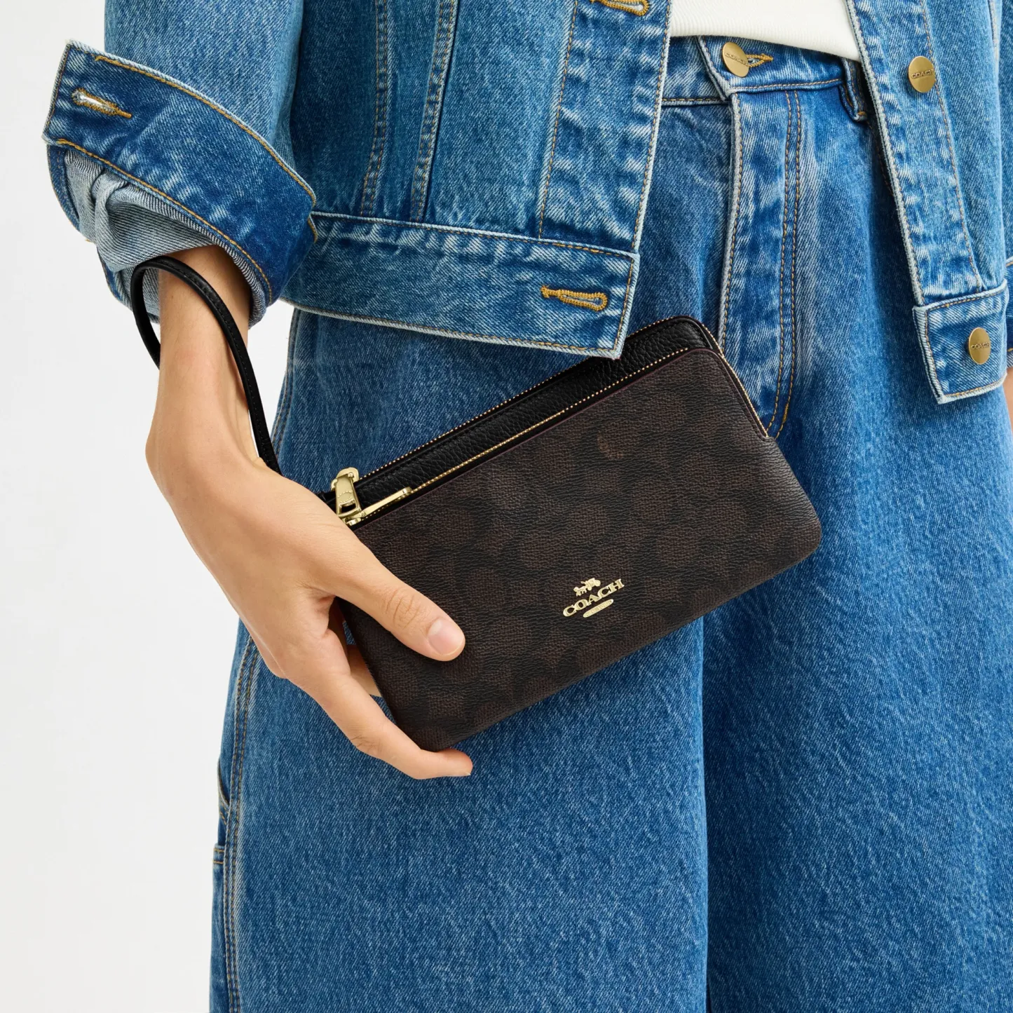 COACH®,Double Zip Wallet In Signature Canvas,Continental,Coin,Color Block,Casual,Black,Detail View