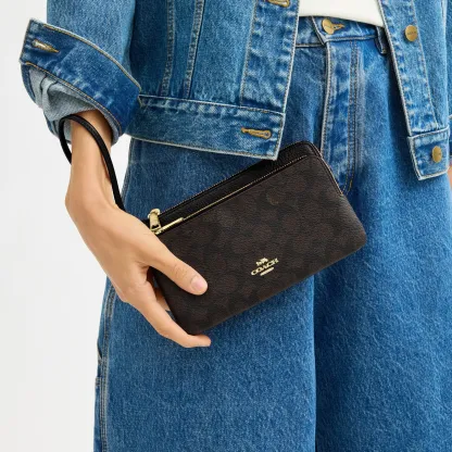 COACH®,Double Zip Wallet In Signature Canvas,Continental,Coin,Color Block,Casual,Black,Detail View