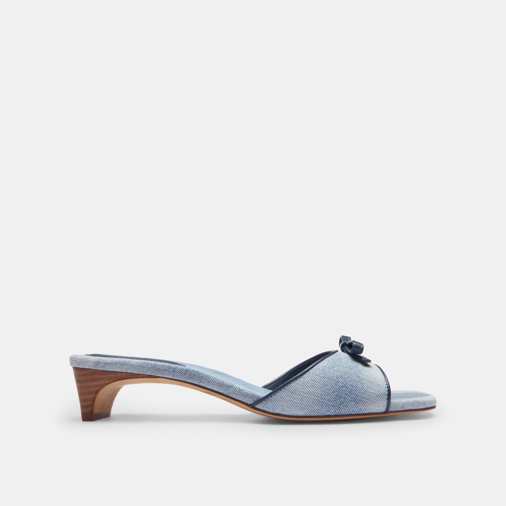COACH®,Bow Kitten Heel Sandal In Loved Denim,Leather,Rubber,Denim,Sandals,Fabric,Bow,Traction,Casual,Blue,Angle View