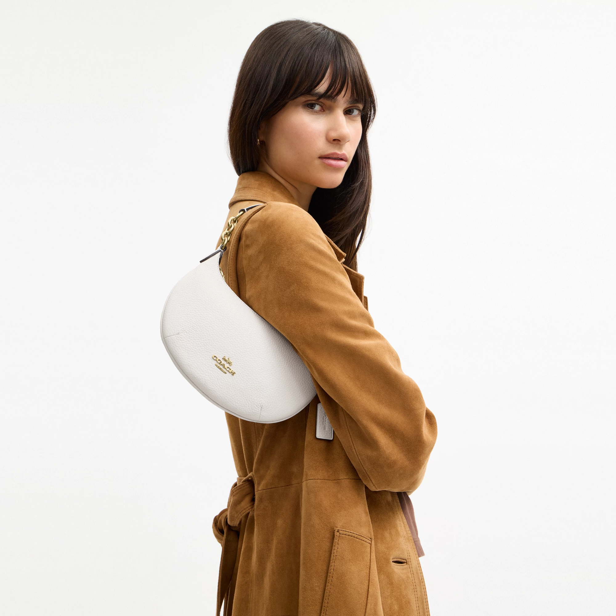 COACH®,Mini Payton Bag,Leather,Recycled Polyester,Shoulder Bag,Logo,Metal,Chain Detail,Compact,Gold Metal,Day Party,White,Detail View
