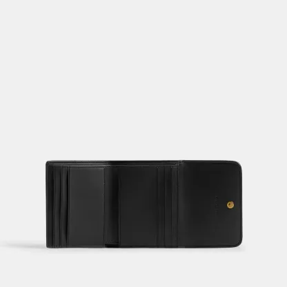 COACH®,Mila Small Flap Wallet,Leather,Tri Fold,Logo,Metal,Casual,Black,Inside View,Top View