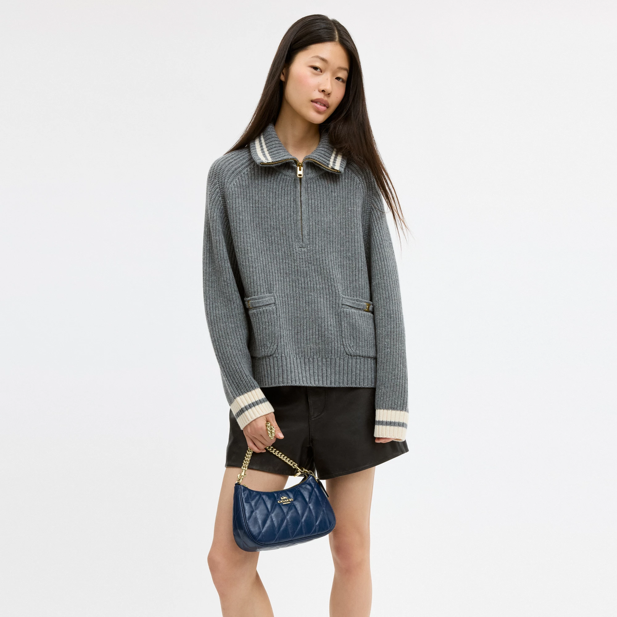 COACH®,Teri Shoulder Bag With Quilting,Recycled Polyester,Leather,Shoulder Bag,Metal,Logo,Silver Metal,Casual,Blue,Detail View