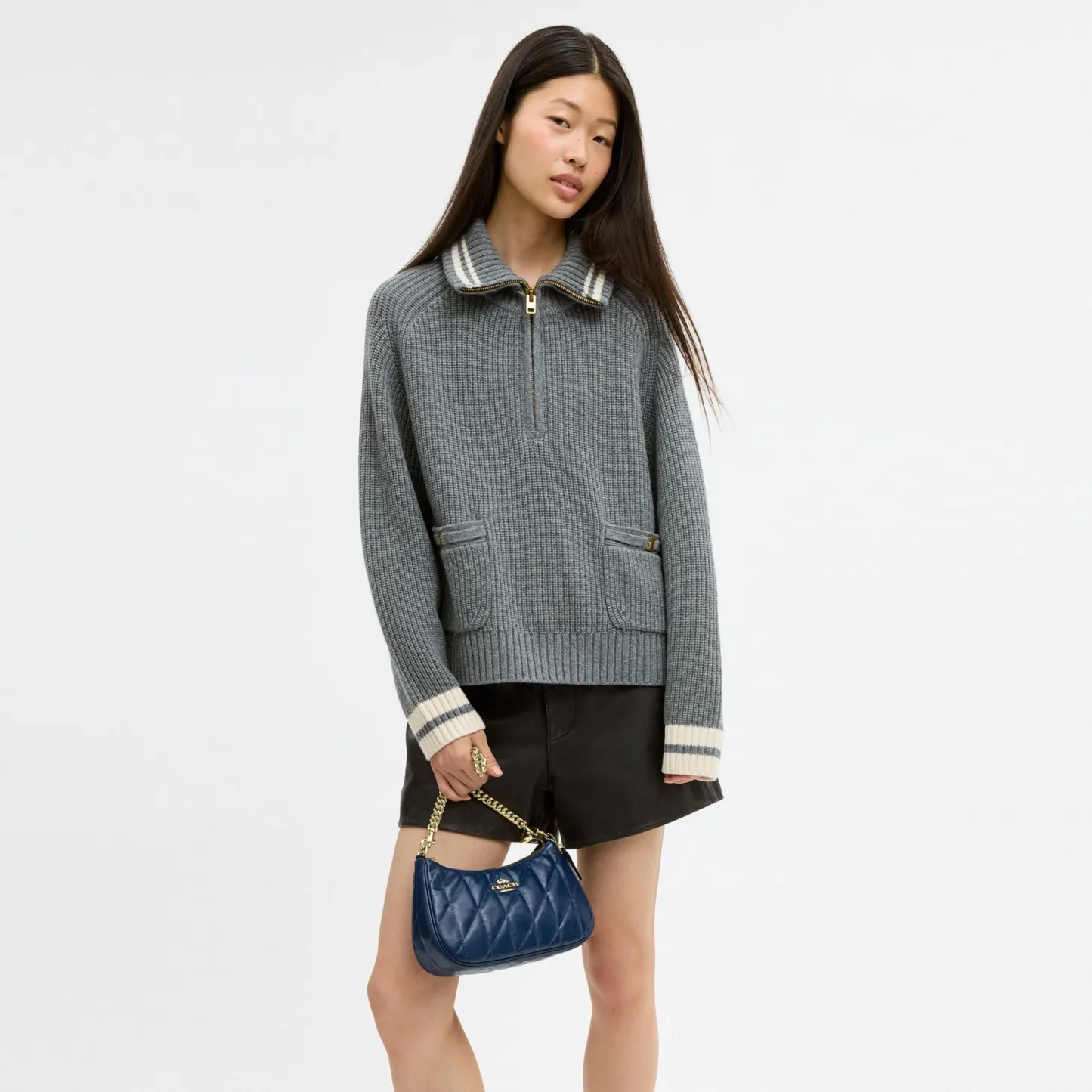 COACH®,Teri Shoulder Bag With Quilting,Recycled Polyester,Leather,Shoulder Bag,Metal,Logo,Silver Metal,Casual,Blue,Detail View
