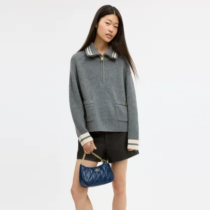 COACH®,Teri Shoulder Bag With Quilting,Recycled Polyester,Leather,Shoulder Bag,Metal,Logo,Silver Metal,Casual,Blue,Detail View