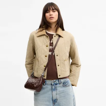 COACH®,Teri Shoulder Bag With Quilting,Recycled Polyester,Leather,Shoulder Bag,Metal,Logo,Silver Metal,Casual,Brown