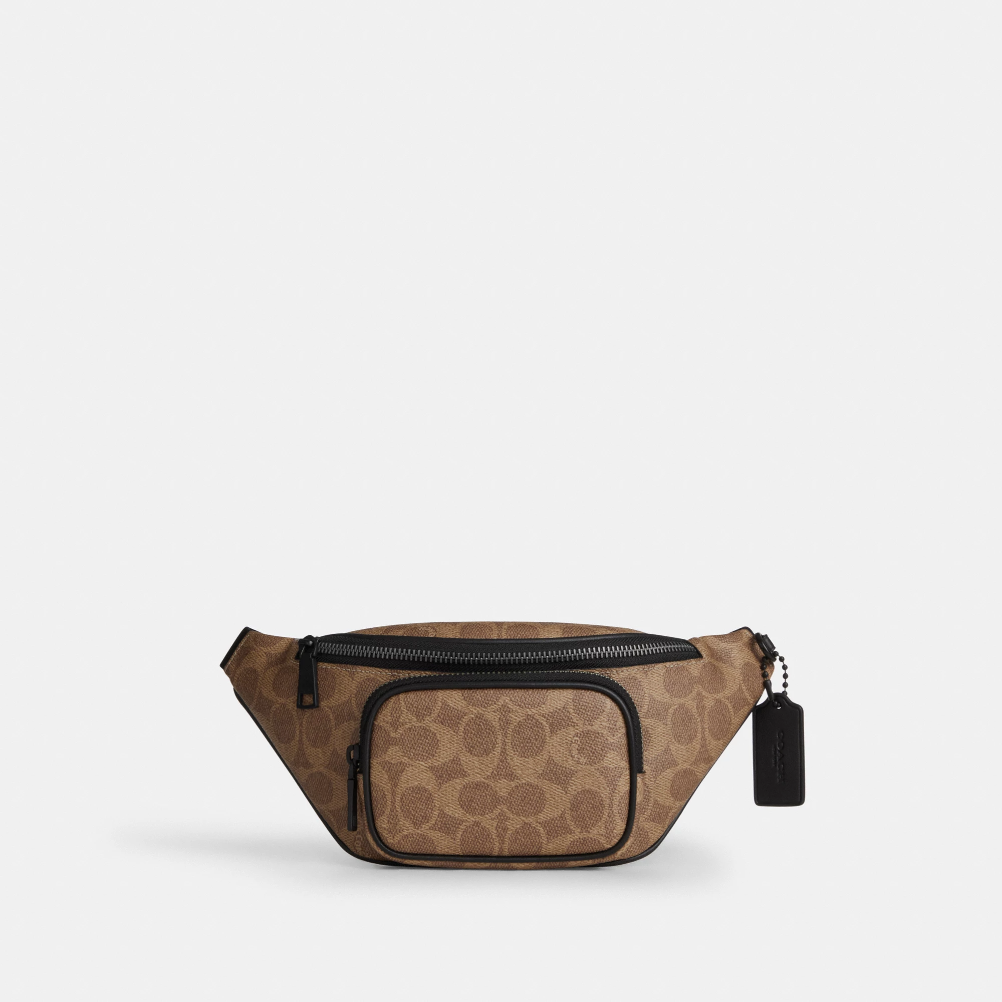 COACH®,Travis Belt Bag 30 In Signature Canvas,Recycled Polyester,Leather,Canvas,Belt Bag,Logo,Adjustable,Gunmetal,Casual,Brown,Front View