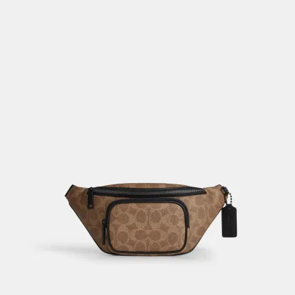 COACH®,Travis Belt Bag 30 In Signature Canvas,Recycled Polyester,Leather,Canvas,Belt Bag,Logo,Adjustable,Gunmetal,Casual,Brown,Front View