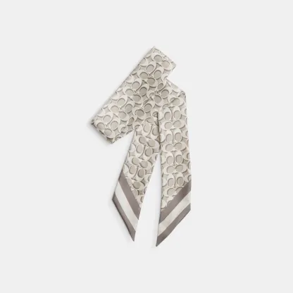 COACH®,Signature Silk Skinny Scarf,Satin,Silk,Neck Gaiter,Pattern,Logo,Casual,Silver,Front View